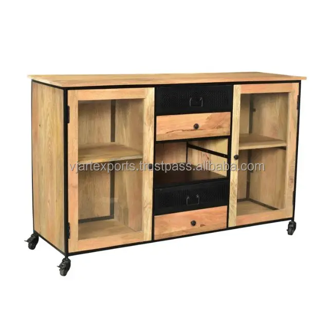 standard classic elegant natural modern industrial mango wood cabinet with wheels sideboard with glass doors