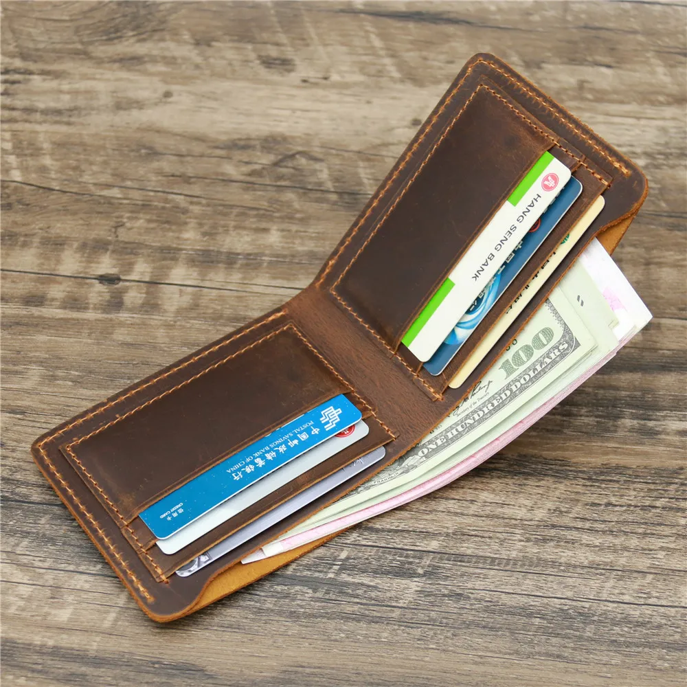 Vintage Crazy Horse Genuine Leather Wallet RFID Secure Short Purse Money Bag for Men Polyester Customized Brown Solid Open