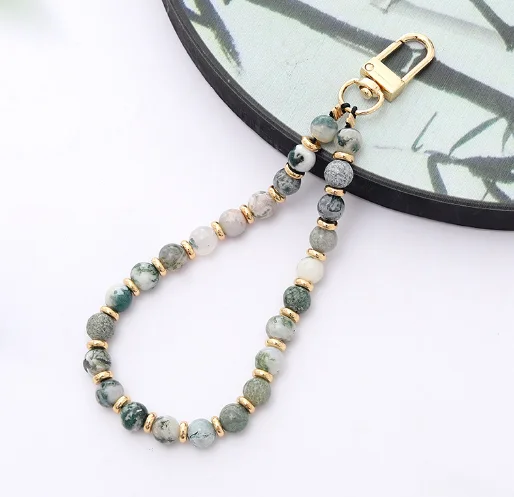 Natural Crystal Stone Beaded Mobile Phone Chains Amethyst Powder Obsidian Phone  Lanyard Wrist Strap Keychain