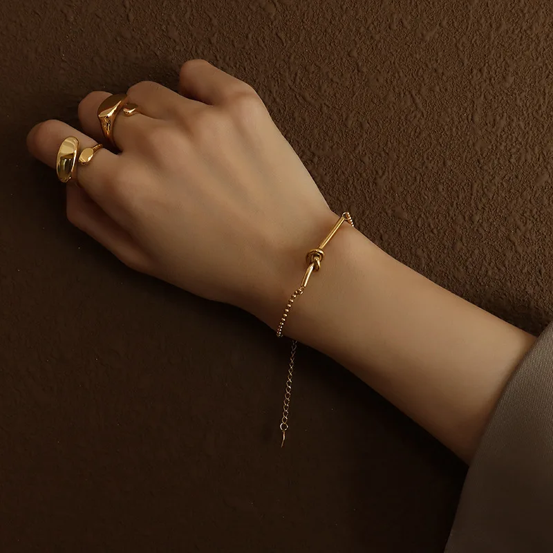 Woying Charm 18K Filled Gold Stainless Steel Little Lucky Heart Knotted Bracelet Beads