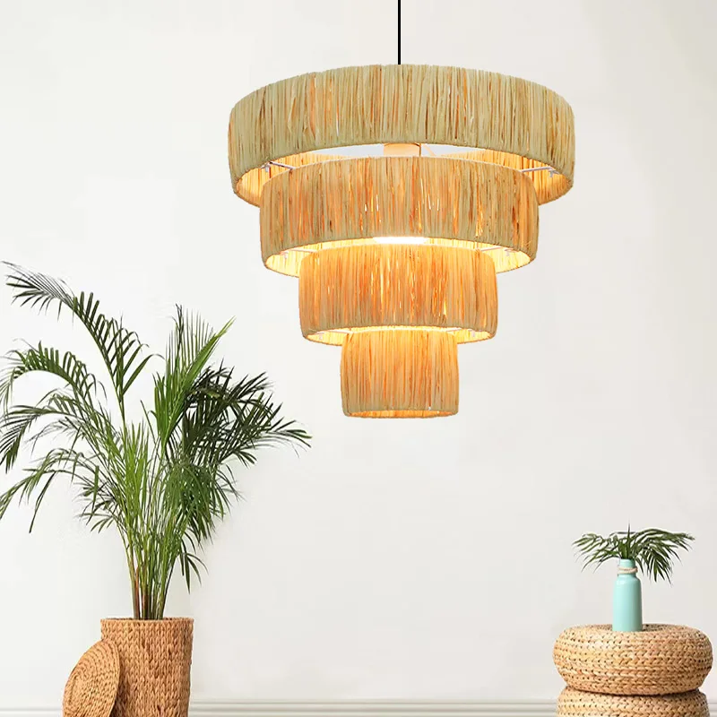 Novelty Large Layered Circular Woven Raffia Grass Suspension Ceiling Lampshade Chandelier Lamp Shade For Tourist Attractions