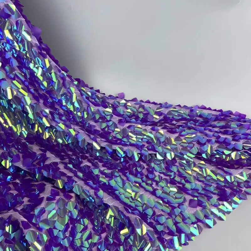 2022 new design 18mm large sequin iridescent colorful fabric with tulle embroidery sell by yard