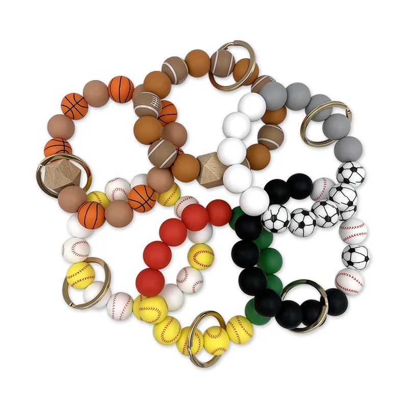 Fashion Silicone Print Bead Bracelet Wristband Keychain Basketball Baseball Football Player Keychain Bead Bracelet