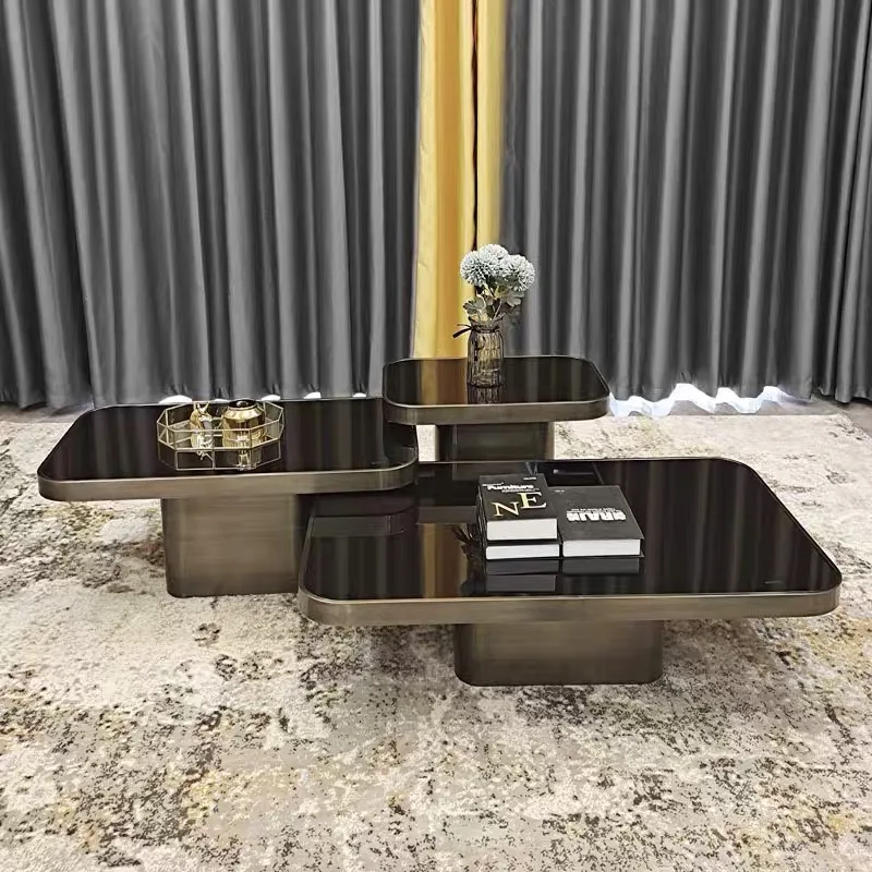 Coffee Tables Set Stainless Steel Frame Centre Tables 2-piece New Design Gold/glass for Center Living Room Furniture Gold Metal