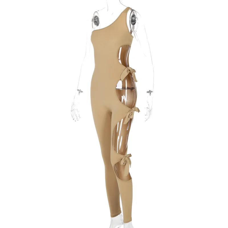 H6866 - fashion bodycon sleeveless one shoulder solid hollow out women jumpsuit