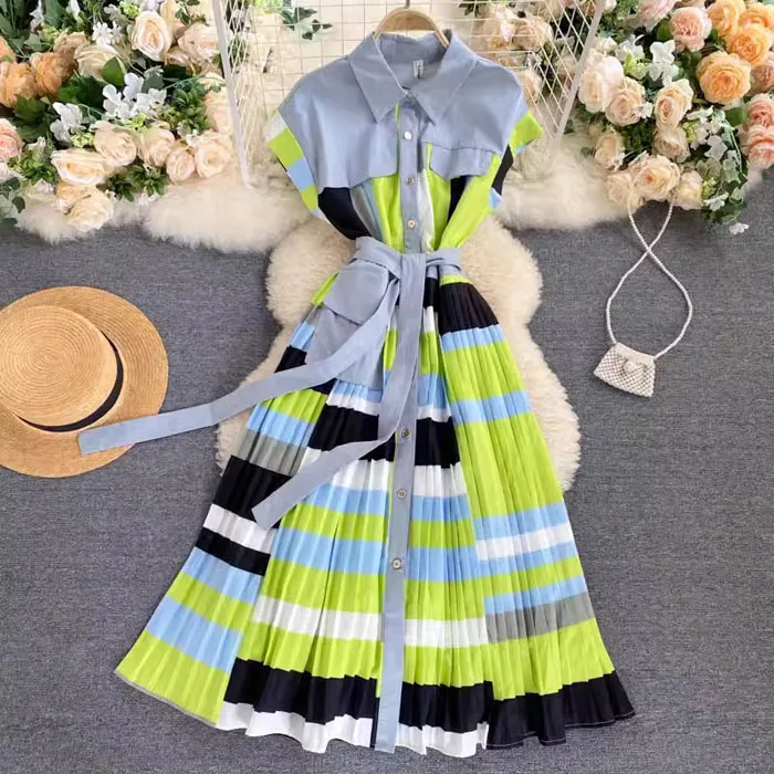 LY628  New Chic Color Block Striped Print Patchwork Sleeveless Belt Slim Waist Midi Dress Pleated Dresses Clothing 3