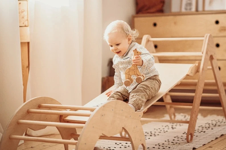 3pcs Set Foldable Triangle Arch Ramp with Slide Climbing Montessori Furniture for Toddlers Wood Baby Gym//