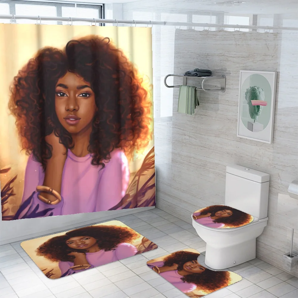 Digital Printing Waterproof Shower Curtain Bathroom Africa Woman Three-piece Set European and American Black Girls Bath Curtain