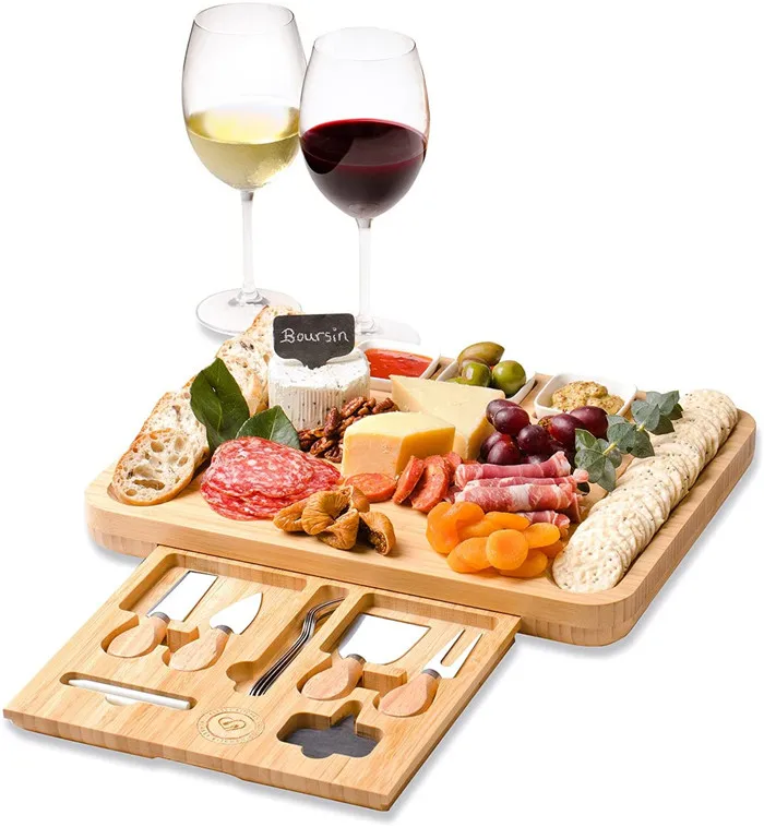 2021 новый дизайн бамбуковая доска для сыра с ножами в выдвижном ящике