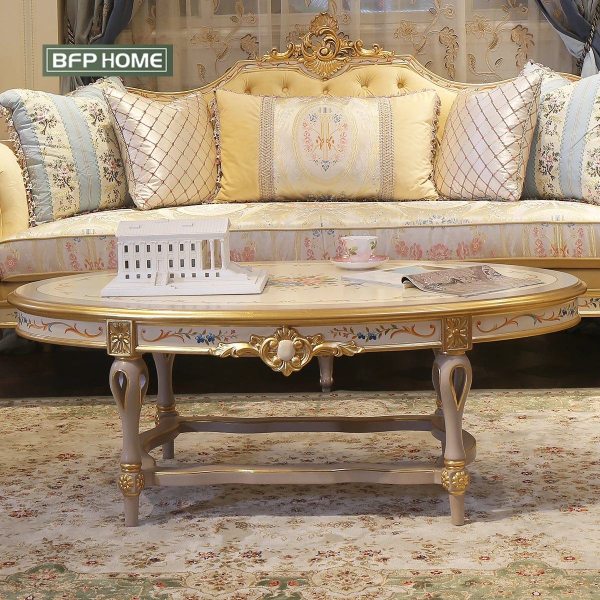 BFP HOME French Luxury Style High-end Sofa Classical Living Room Sofa Set with Gold/Silver paint Solid wood furniture