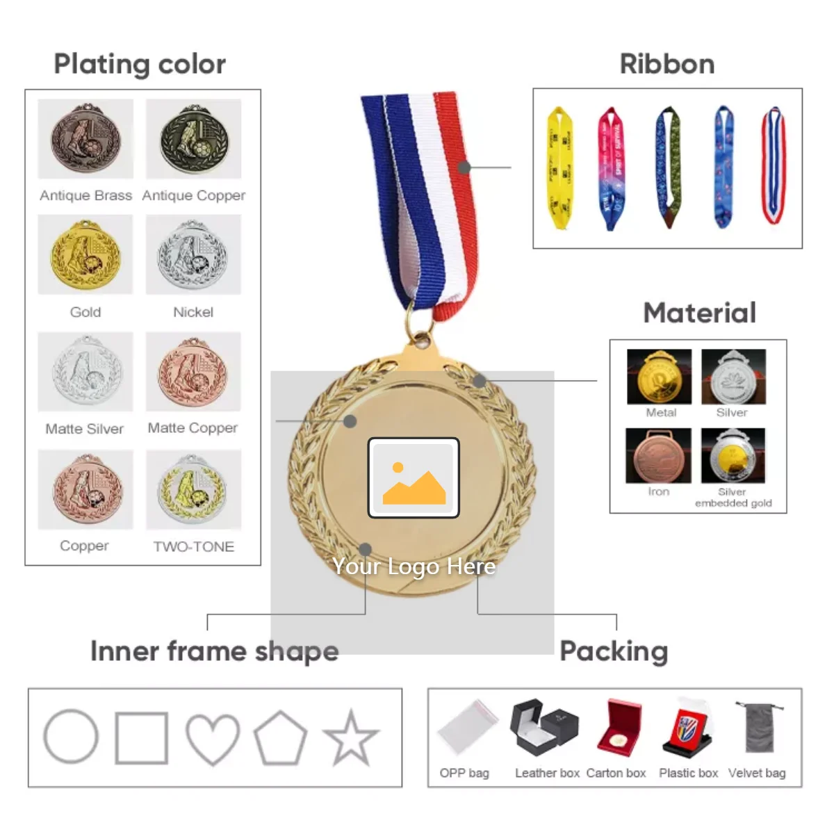 Custom Medallas De Futbol Taekwondo Running Finisher Cycling Brass Silver Swim Soccer Metal Gold Ribbon Sport Blank Trophy Medal