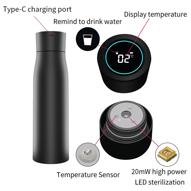 UV Self Cleaning Smart Water Bottle Vacuum Stainless Steel Insulated Water Bottle with Reminder to Drink Water Reusable BPA Free