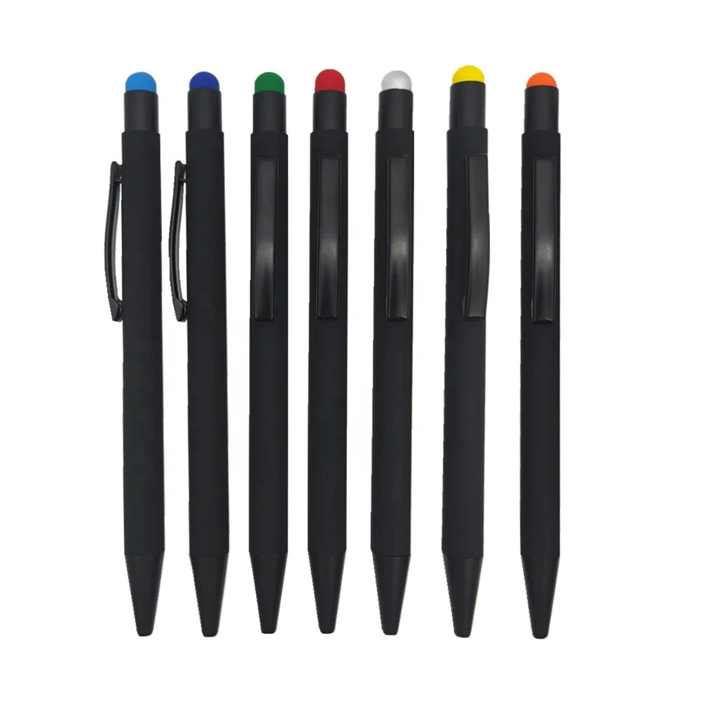 Aluminium2 in 1 iwrite click action soft rubber black metal touch screen stylus gripper pen bablet with custom logo