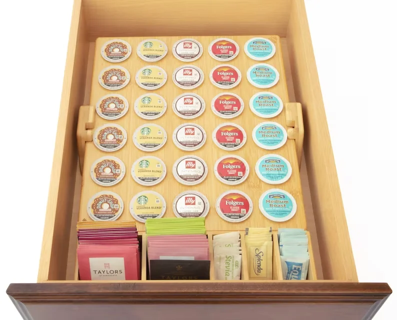 Space Saving Countertop bamboo wood drawer Coffee Pod Holder And K Cup Organizer bamboo Coffee Pod Organizer For Dolce Gusto