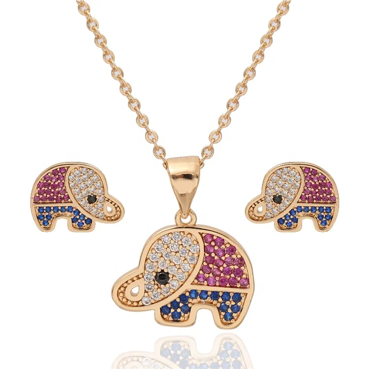 High Quality Elephant Champagne Gold Plated Mix Zircon Italian 18k Gold Plated Luxury Necklace Mature Woman Jewelry Set