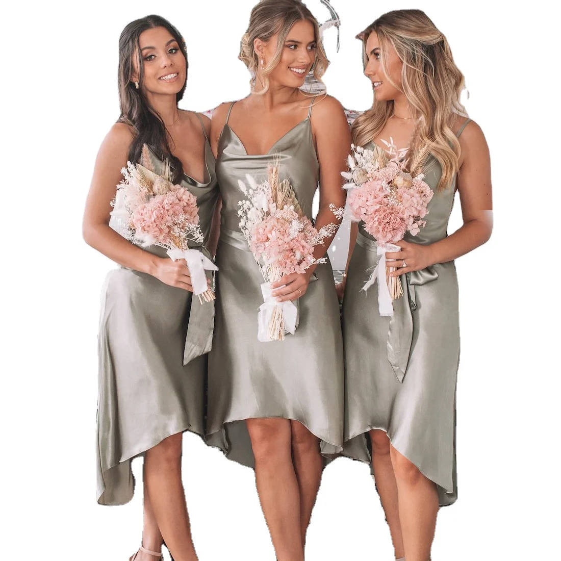 
OEM women Satin Bridesmaid Asymmetrical Dresses Women Cocktail tie front knee dress women evening party satin dress 