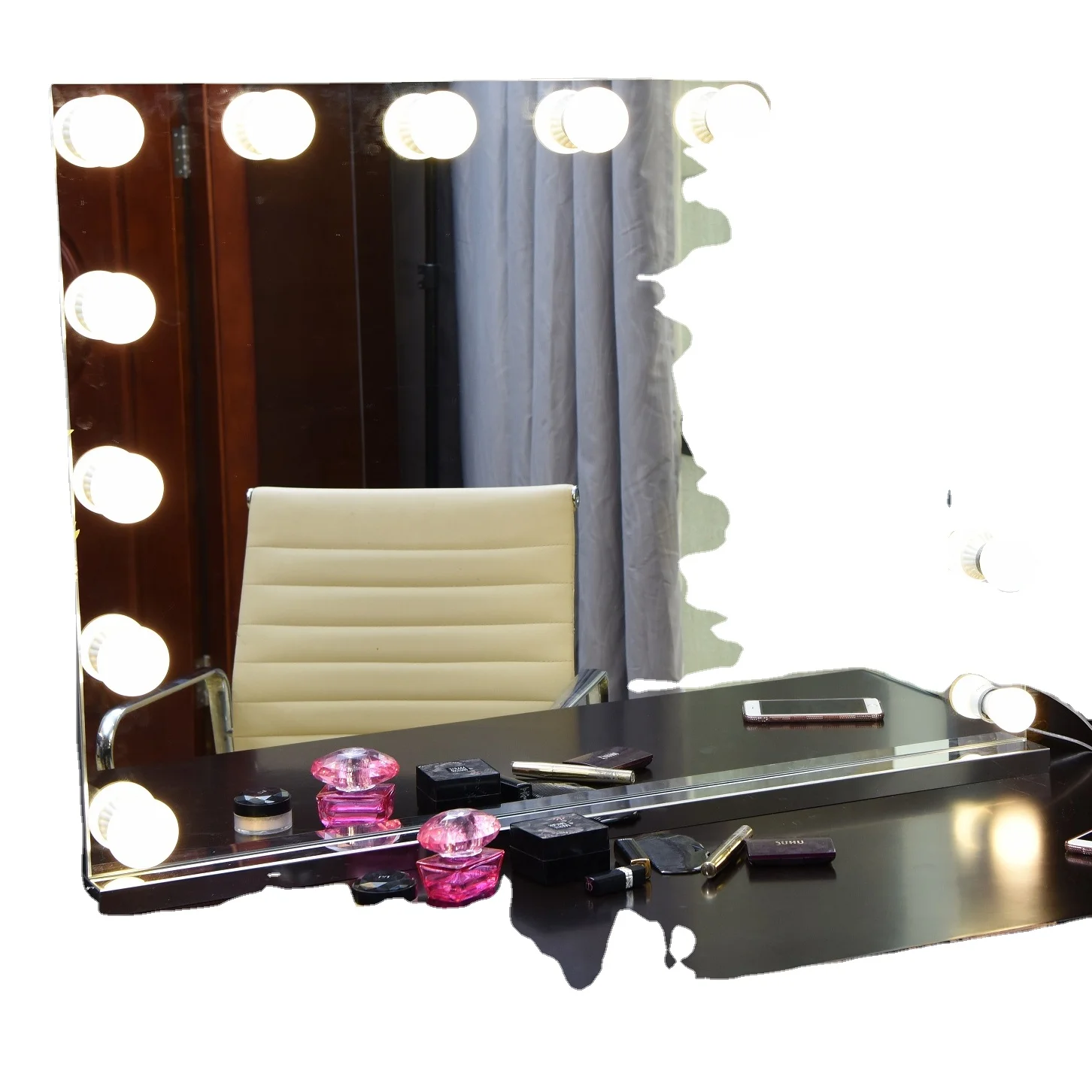 Hollywood High Quality Lighted Led Mirror Tabletop Vanity Mirror with Dimmable Light Bulbs 50 Square Cosmetic Mirror Gold-plated