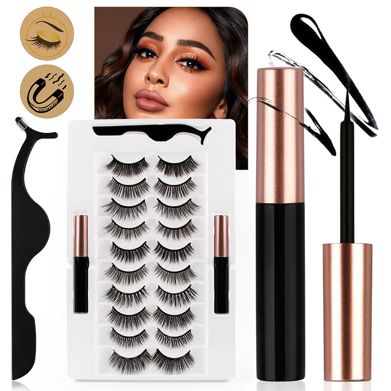 10 pairs High quality custom magnet eyelash vendors wholesale false 3d mink eyelash magnetic eyelashes set with eyeliner