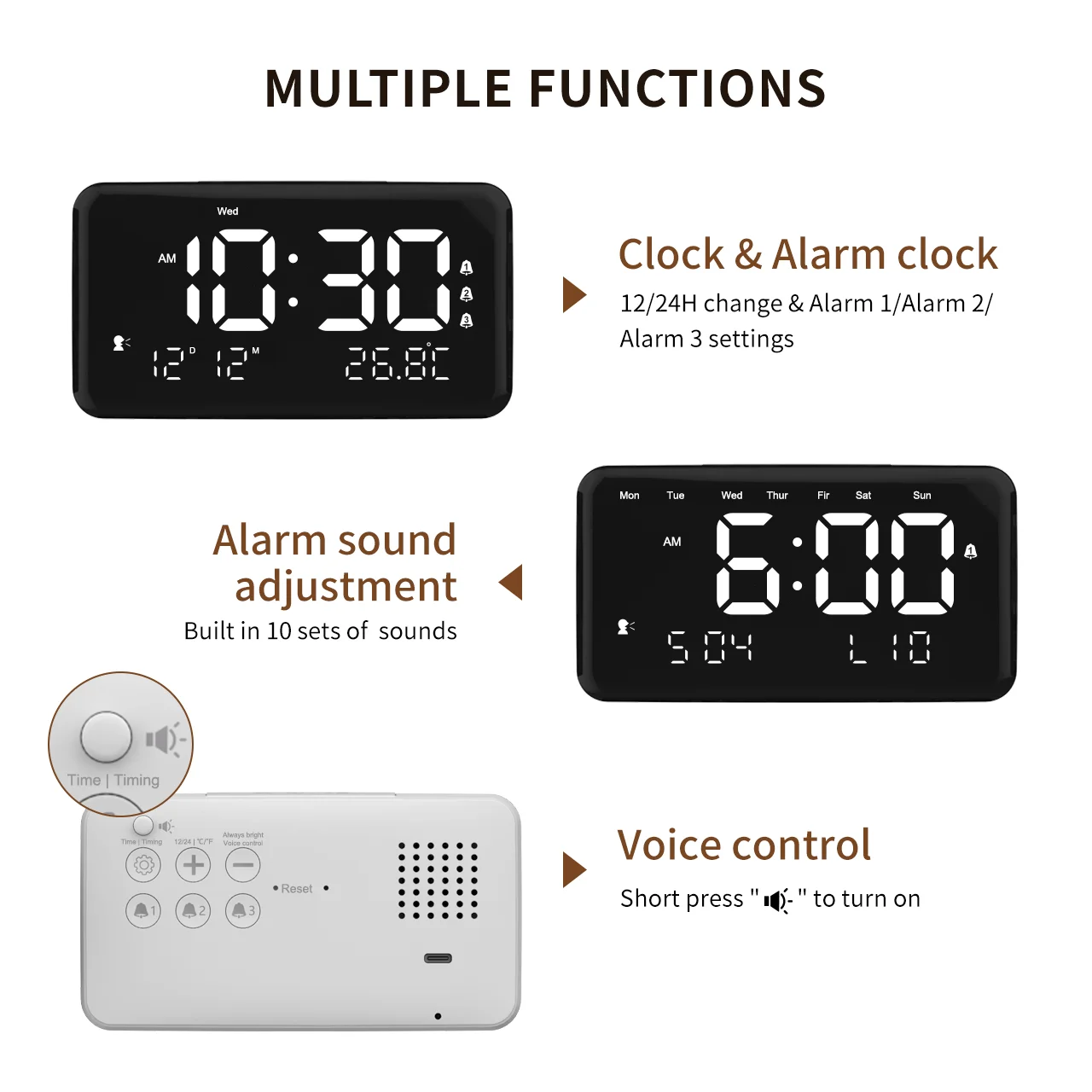 Portable LED rechargeable talking time voice control dementia calendar alarm clock for kid/adults/ blind people