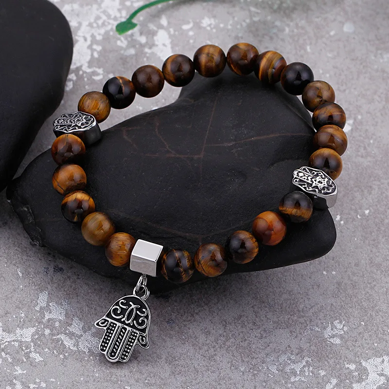 Vintage Stainless Steel the Hand of Fatima Hamsa Charms Natural Stone tiger Eye Beaded Bracelet Jewelry Wholesale for Men