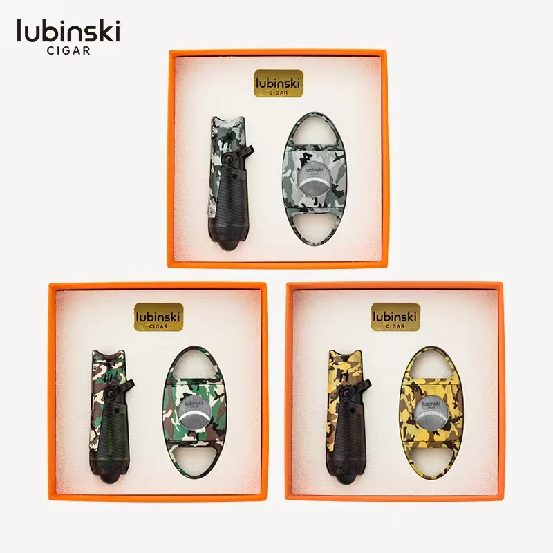 Lubinski 2 In 1 Cigar Set Camouflage Portable Blue Flame Double Straight Lighter Double Blade Cigar Cutter Set