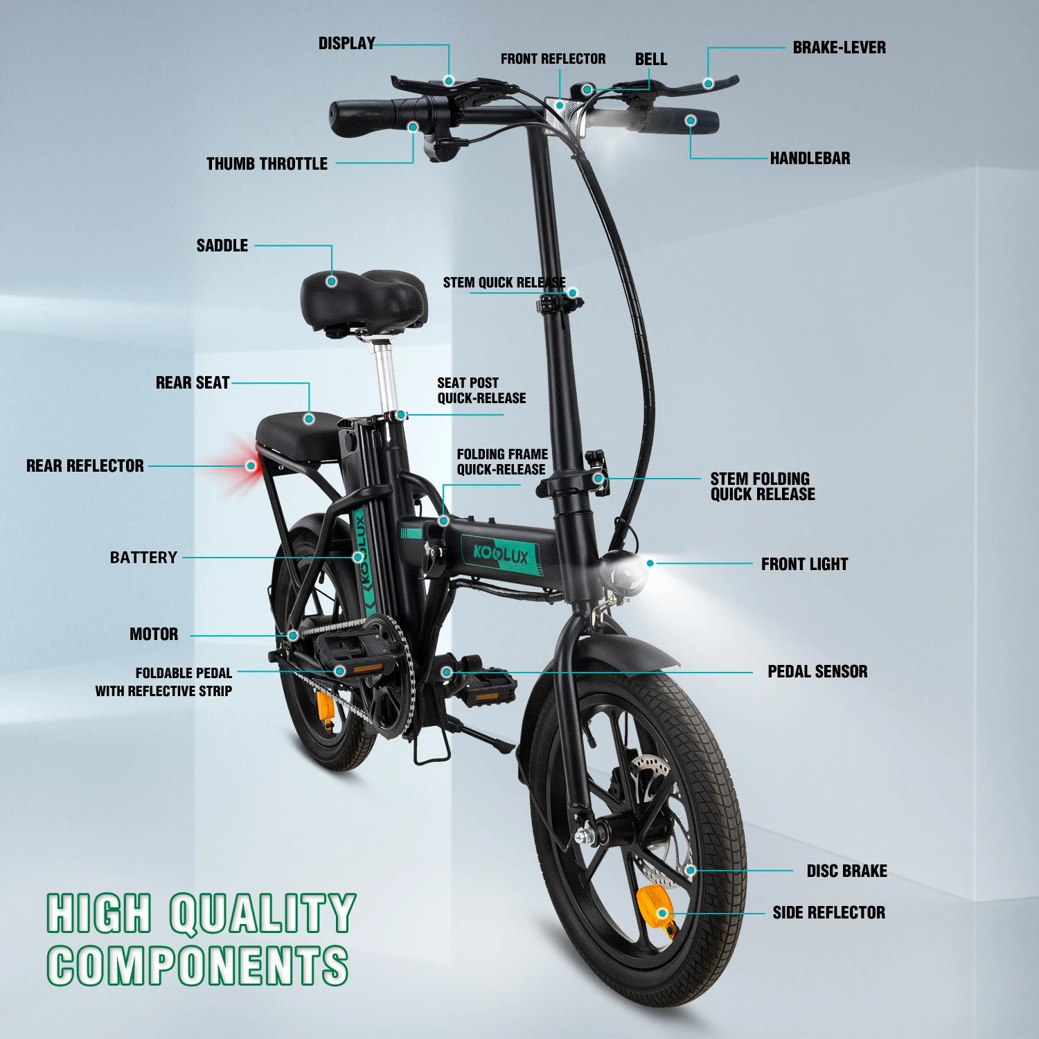 KOOLUX Factory Priced 25kmh 250w Small Folding Cruiser Electric Bike Green BMX for Adults Aluminum & Steel Fork Alloy Rim