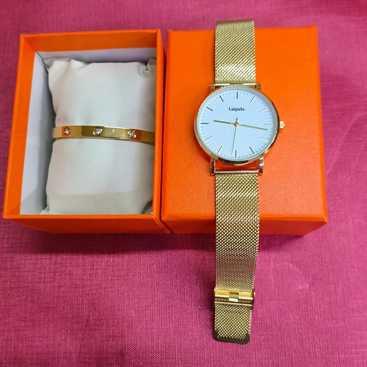 Laipute Luxury Fashion Gold watch with Real Titanium Bracelet Watch Set Gift for Men Women