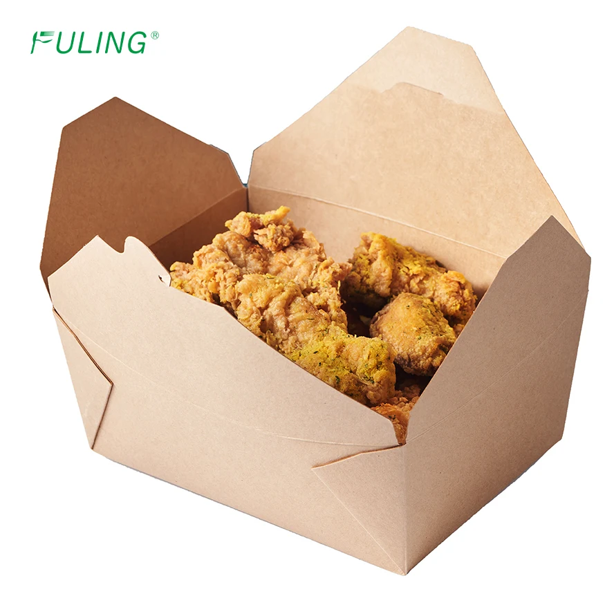 FULING Disposable Take Out Boxes Food Containers Microwavable Kraft Brown Paper To Go Box Grease proof Lunch Box