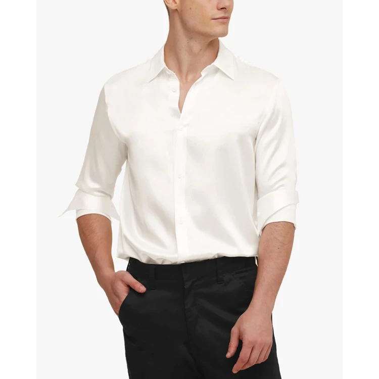 High quality luxury 100% mulberry silk shirt men custom logo business top silk shawls mens silk shirt