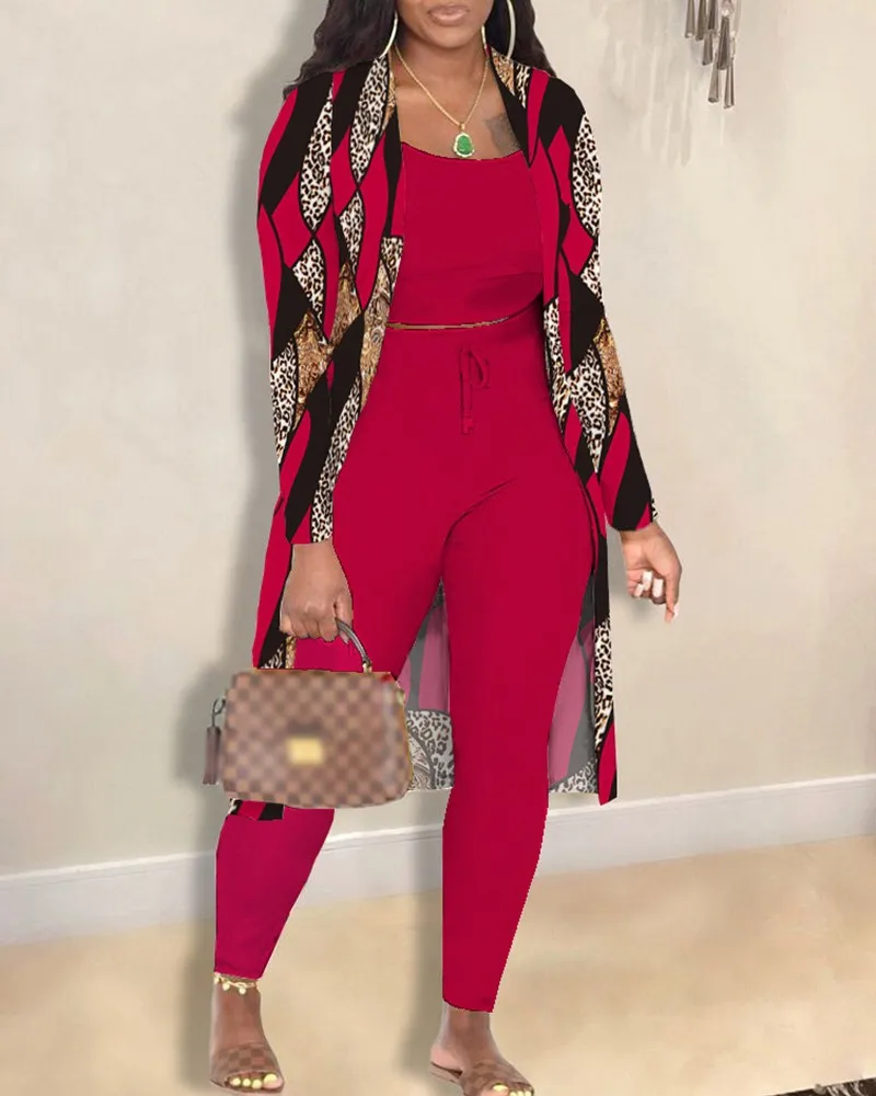 woman fall clothes 2024 Casual casual commuting cardigan pattern printed long sleeved coat 3 piece set women