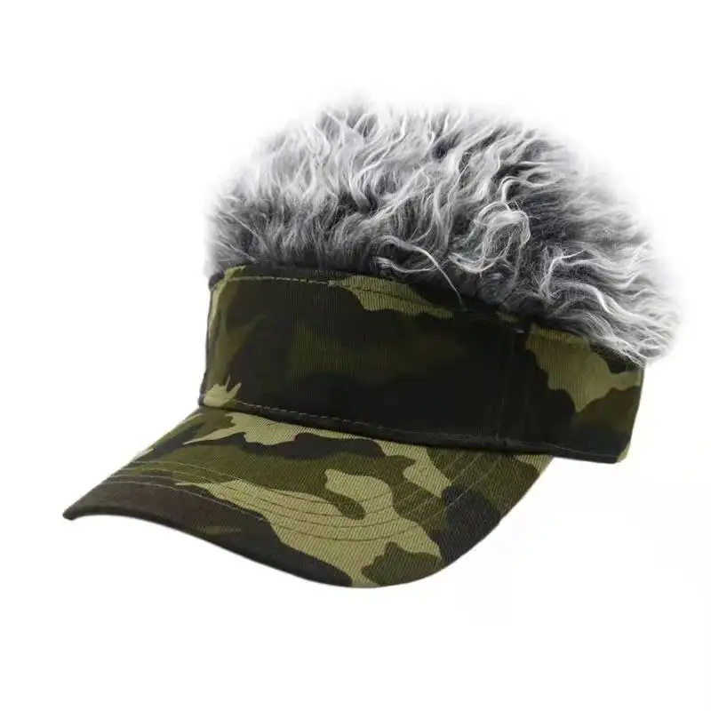 Army green camouflage hat with fake hair man fashion custom unisex 6 panel  baseball cap