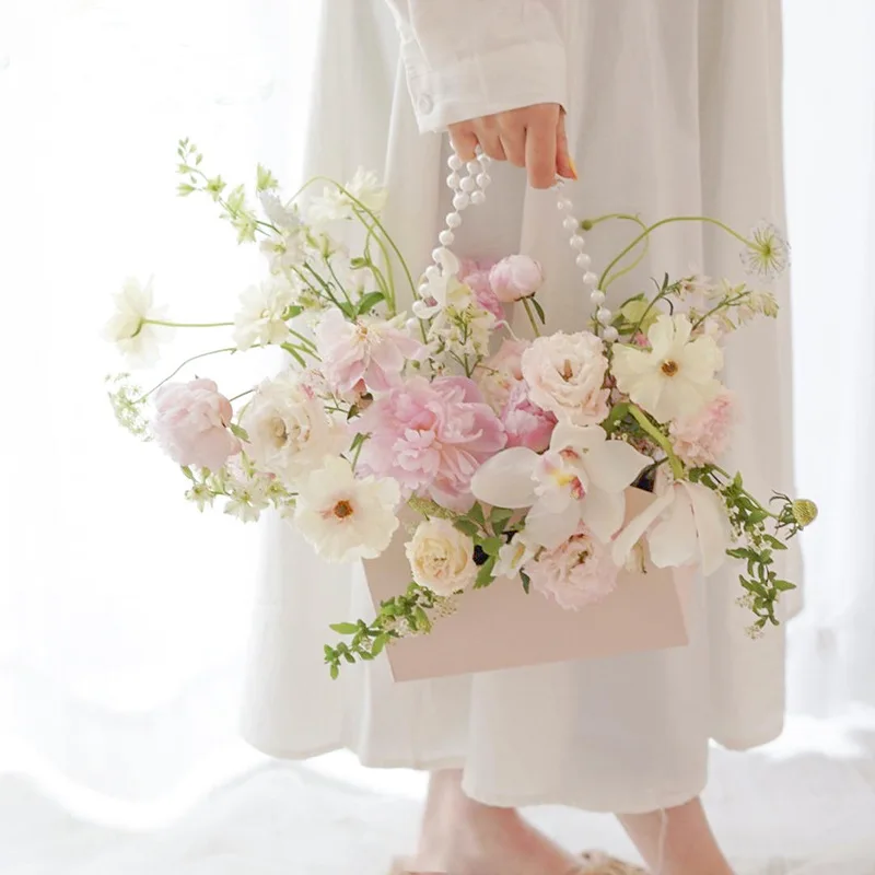 Картонная упаковочная коробка с открытой застежкой, Цветочная Подарочная коробка с ручкой из жемчуга, брендовая наклейка