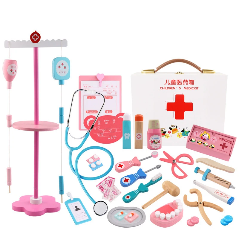 Medical toy box dentist injection medicine kit Wooden simulation play house almighty doctor nurse toy
