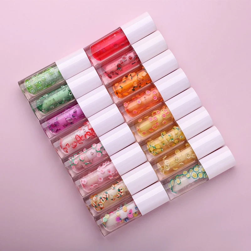 Custom Logo Low MOQ Vegan Natural Fruit Flavor Lip Gloss Fruit Lip Oil 16 Color lip makeup clear