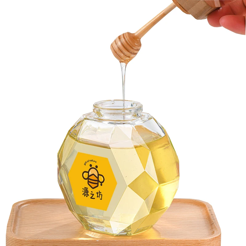 Glass Jam Jar Glass Wholesale 250ml 500ml 750ml 1000m With Lid Empty Honey Glass Honeycomb  with Wooden Lid Spoon and Dipper