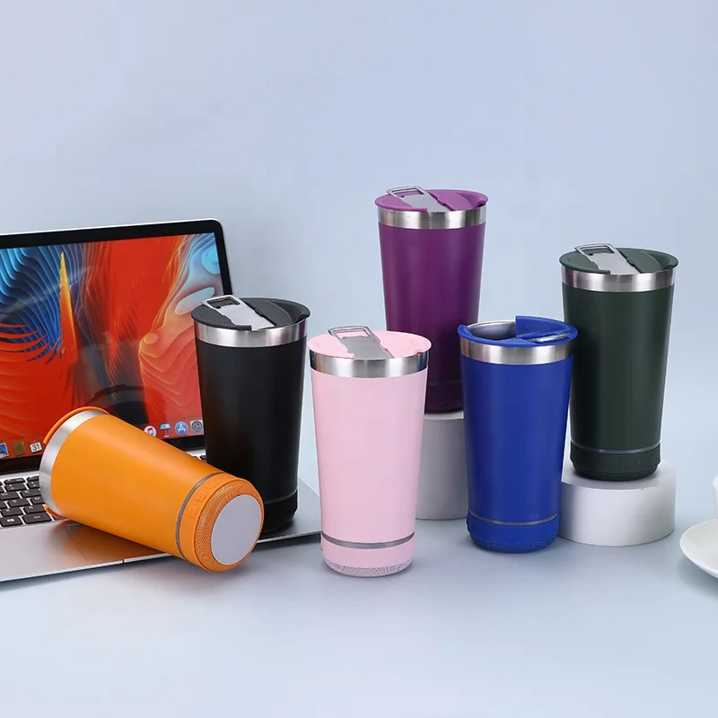 USB Charging Music Cup 16oz Intelligent Bluetooth Vacuum Tumbler Stainless Steel Blue tooth Beer Cup with Speaker