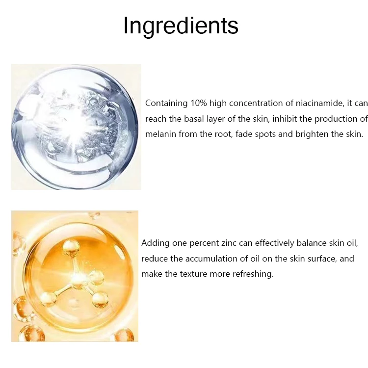 Private Label Natural  Moisturizing Whitening Shrink Pores Serum 10% Niacinamide + Zinc Oil Control Face Serum