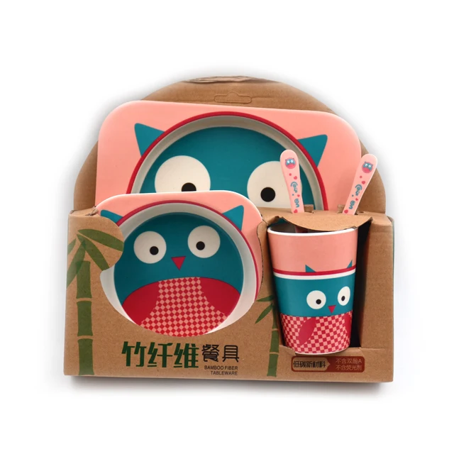 5pcs/set Baby Bamboo Bowl Spoon Fork Feeding Tableware Set Cartoon Animal Bee Kid Dishes Feeding Bowl Dinner Plate
