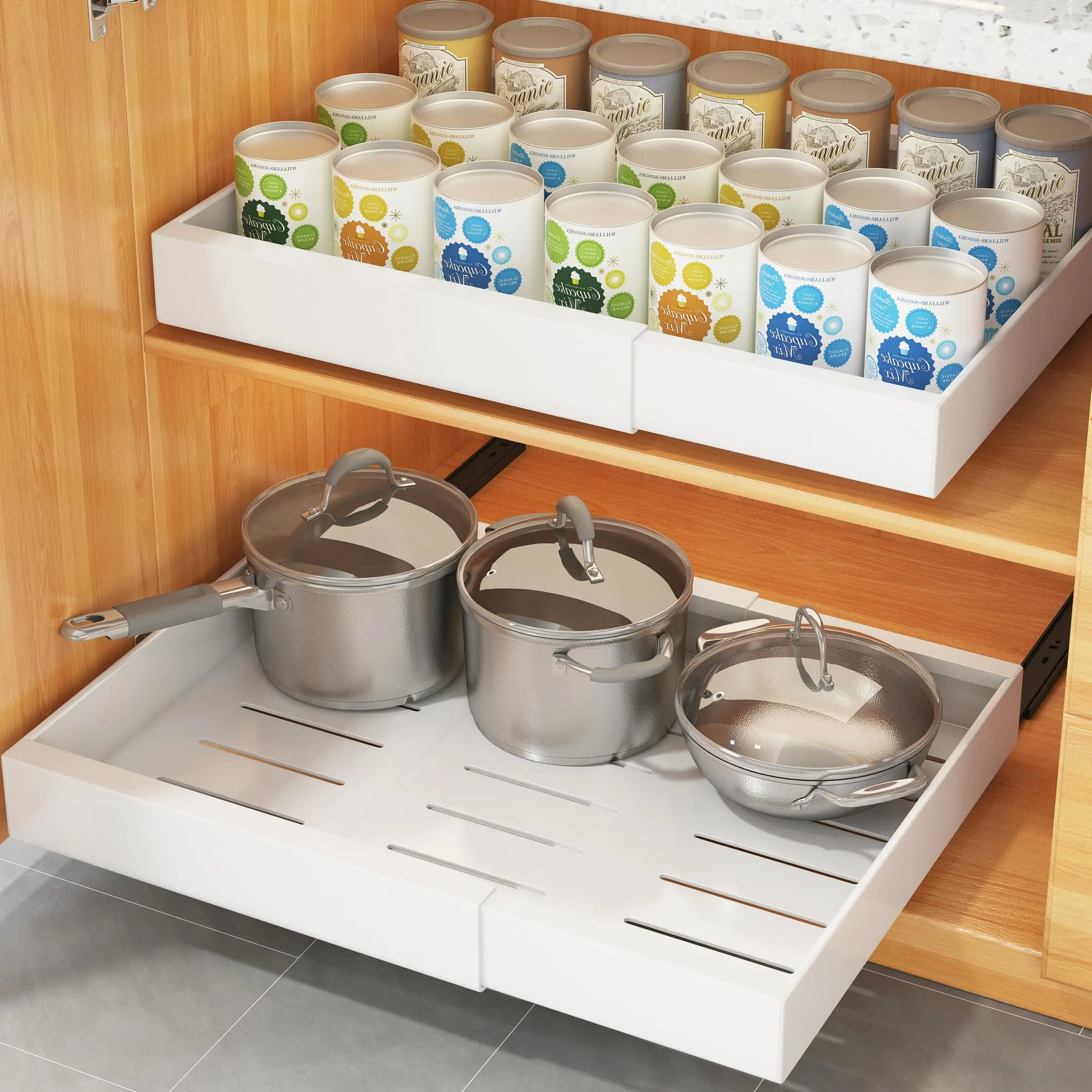Adjustable Pull Out Cabinet Organizer with Extendable Sliding Shelves for Kitchen Pantry Storage