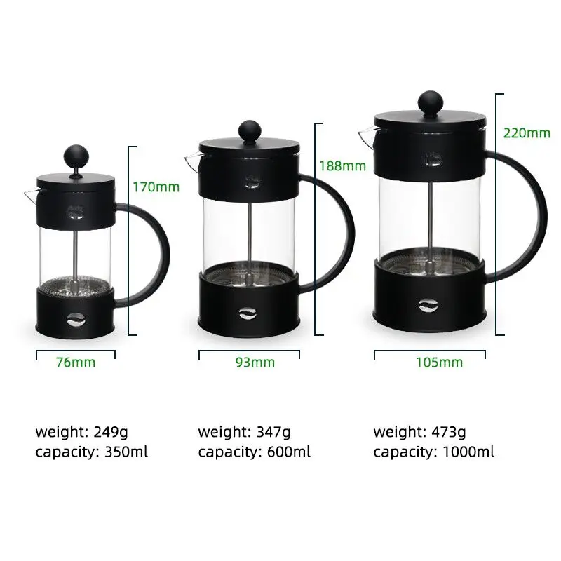 Wholesale French Presss Glass coffee tea press with PP wrapped 304 stainless steel filter