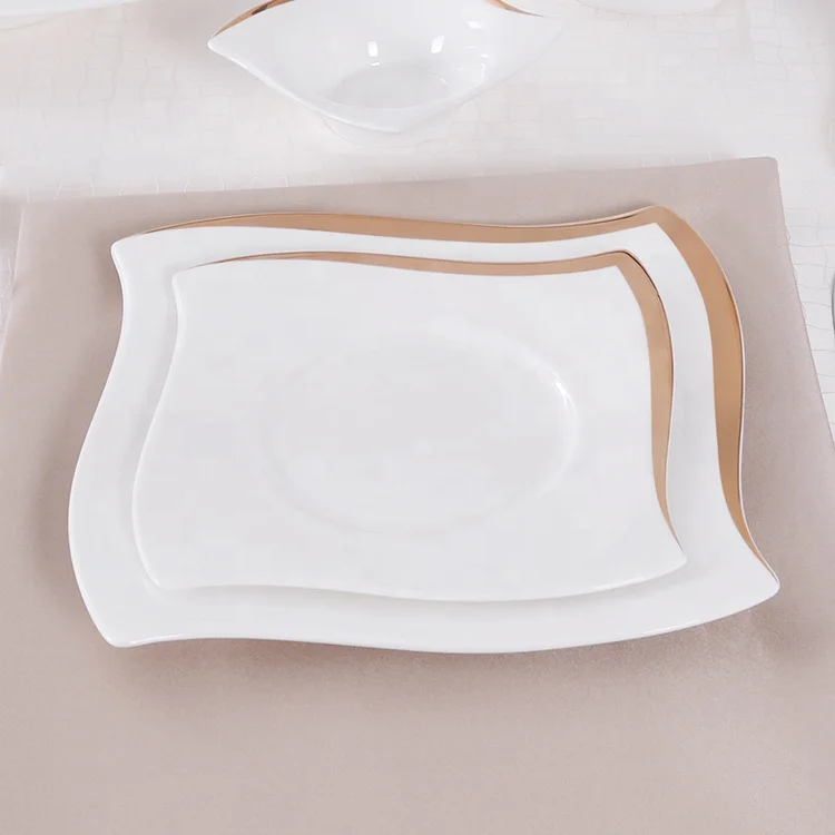 P&T Elegant Bone China Dinner Plate Ceramic ,Wholesale Event  Square Plates Golden Ceramic Dinner Plate Set for 5 stars hotel