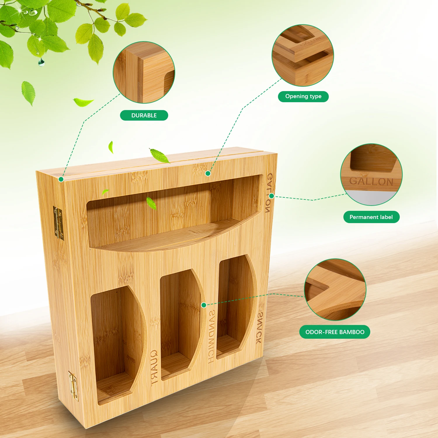 Food Storage Bag Holders Bamboo Ziplock Bag Storage Organizer and Dispenser for Kitchen Drawer