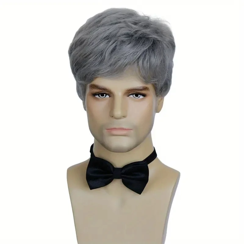 Cheap Price 6 Inch Grey Silvery Short Straight Layered Full Synthetic Wig High Temperature Fiber Male Hair