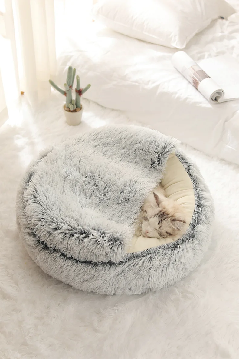 winter New Design washable Plush Cushion Soft Warm Round Half Pack House Deep Sleeping Fluffy Cat Mat Pet Bed
