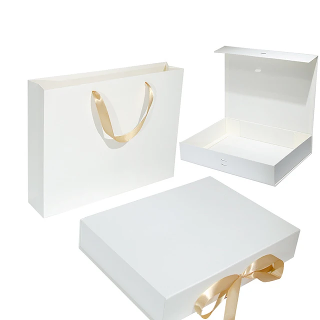 Custom Branding Magnetic Closure Folding Gift Box For Garments Ribbon Handle Rectangular Folding Clothing Packaging