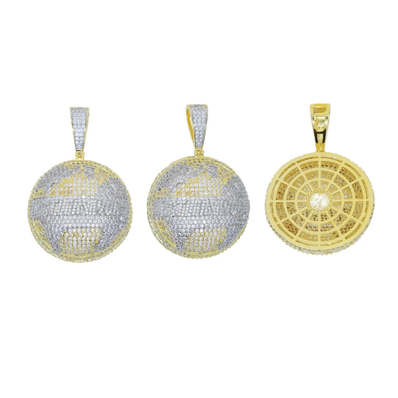 Hustlers World Globe Pendant Two Tone Gold Plated Micro Pave 5A CZ Round Map Hip Hop Men Necklace