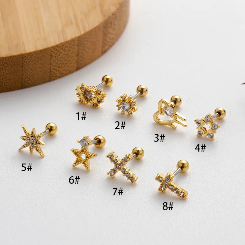 Wholesale 16G Stainless Steel Cz Cross Shape Cartilage Piercing Gold Ear Conch Helix Snug Screw Back Earring Stud For Women