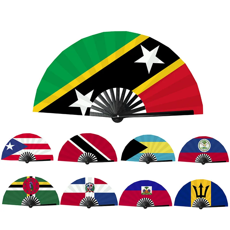 Низкий минимальный заказ 13-дюймовый бамбуковый складной ручной веер с логотипом Карибского флага Ручной Веер для карнавала