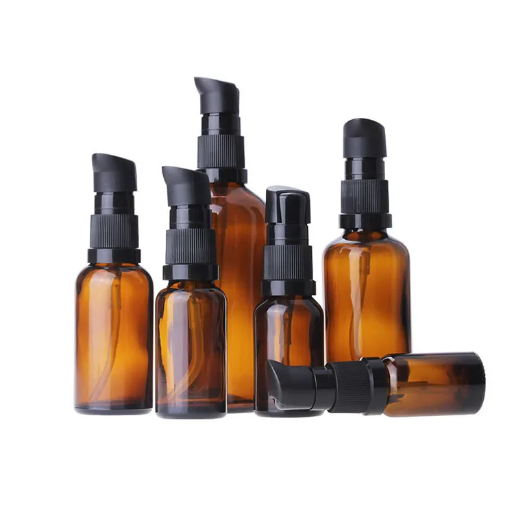 15ml 20 ml 30ml 50ml 60 ml Amber Round Glass Bottle with Cream Treatment Pump for Cosmetic Serum Lotion