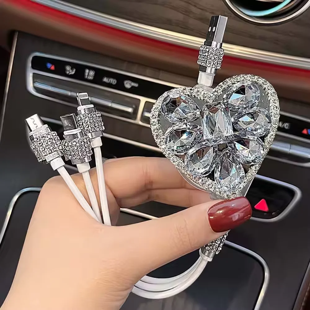 Bling Diamond Love Heart USB Cable for IPhone Charger Fast Wire Charging Cable for Android Phone Type C Xiaomi Huawei Samsung